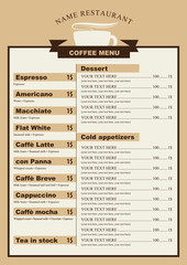 menu for the cafe with a cup of coffee with price list