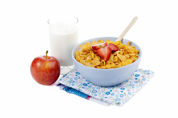 cereal bowl on a table napkin with milk and apple