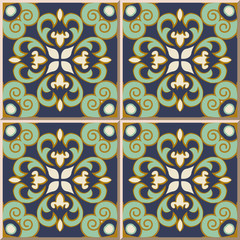 Ceramic tile pattern 370 vintage green blue spiral cross kaleidoscope