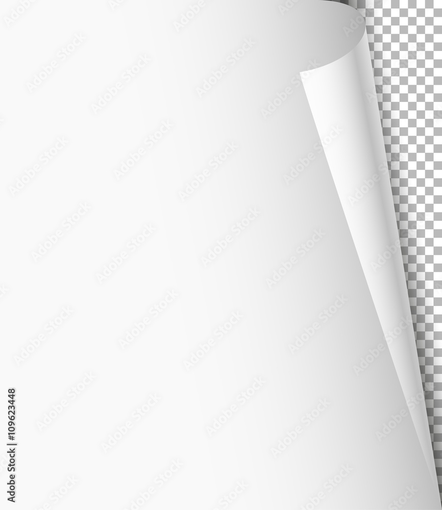 Poster blank paper sheet with bending corner on transparent background
