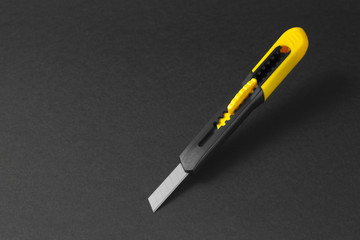 Paper cutter, office equipment, box cutter isolated against a bl
