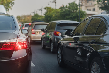 traffic jam with row of cars on street