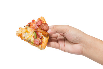 hand holding tasty flavorful pizza isolated on white
