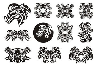 Tribal horse set. Ornate peaked horse head symbols, horse frames and a circle of a horse