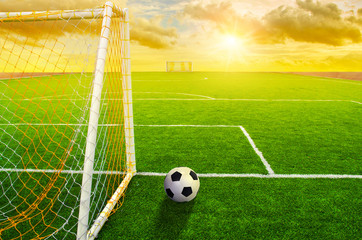 Naklejka na ściany i meble Soccer grass field with marking and ball, Sport