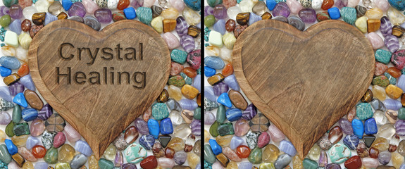 Crystal healing Plaque - two identical images of a wooden heart plaque surrounded by multicolored...