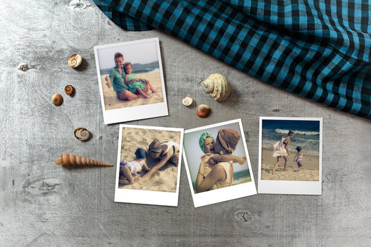 Beautiful seaside snapshots arranged on rustic wooden background with seashells around