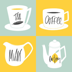 Fototapety  Hand drawn set of kitchenware for tea or coffee. Kitchen vector illustration with hand lettering