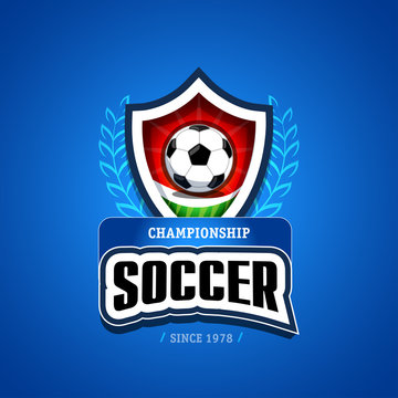 Soccer, football logo. Green, red and dark blue soccer football badge logo design template, sport logotype template. Soccer Themed T shirt. Football logo. Vector illustration.