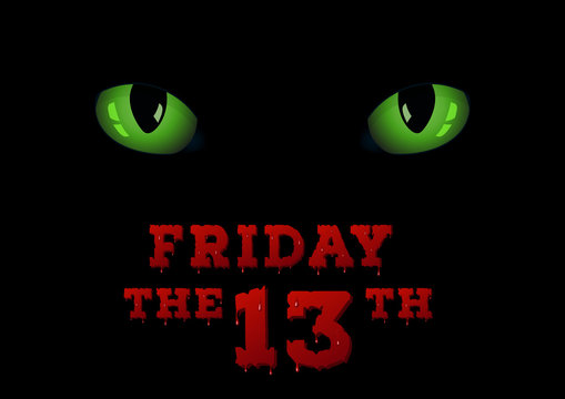 Green cat's eyes on the dark. Friday the thirteenth concept background.