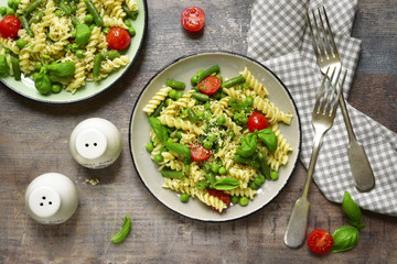 Pasta primavera on a vintage plates.