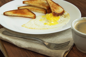 fried eggs with toast and coffee