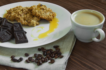 oatmeal cookies with honey, chocolate and coffee