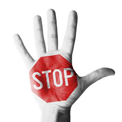 Hand raised gesture with stop sign painted, concept - isolated on white background - obrazy, fototapety, plakaty