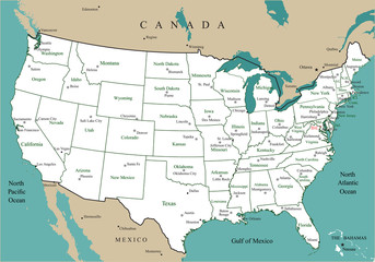 Obraz premium Mapa USA z zaznaczeniem stanów oraz dużych miast i stolic