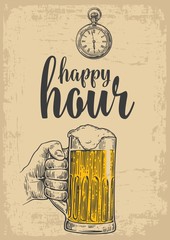 Male hand holding a beer glass. Vintage vector engraving illustration for label, poster, menu. Isolated on beige background. Happy hour