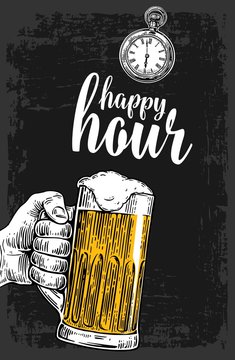Male hand holding a beer glass. Vintage vector engraving illustration for label, poster, menu. Isolated on dark background. Happy hour