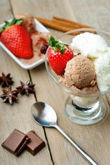 Ice cream sundae, chocolate, strawberry and spoon