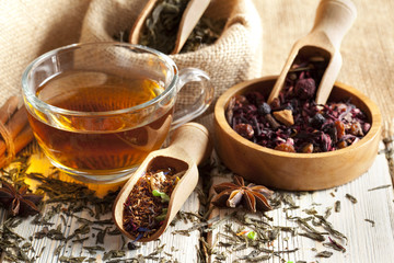 Cup of tea and mix of assorted tea leaves