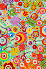 Fototapeta premium Closeup of original painting. Abstract acrylic painting on canvas, 3d, three, dimensional embossing and carving. Multicolored textured flowers. Space for text. Artwork, modern art, contemporary art. 