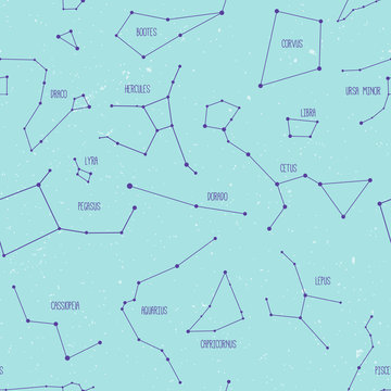 Constellations on light-blue background. Seamless pattern.