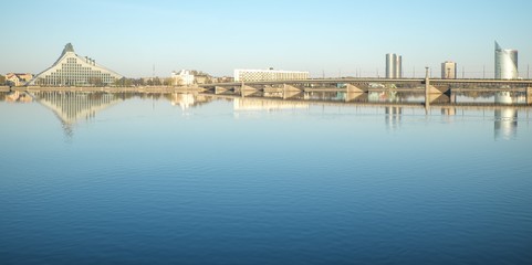 Fototapeta premium Riga city library and a bridge over Daugava Dvina river