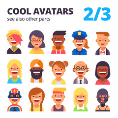 Set of cool avatars. Different skin tones, clothes and hair styles. Modern and simple flat cartoon style. Part 2 of 3. See also other parts.
