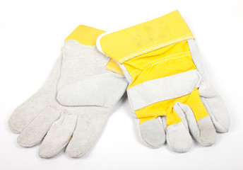 protective leather work gloves on white background