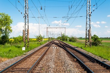 Fototapeta na wymiar Two railway tracks in a rural scene
