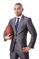 Man with american football ball isolated on white