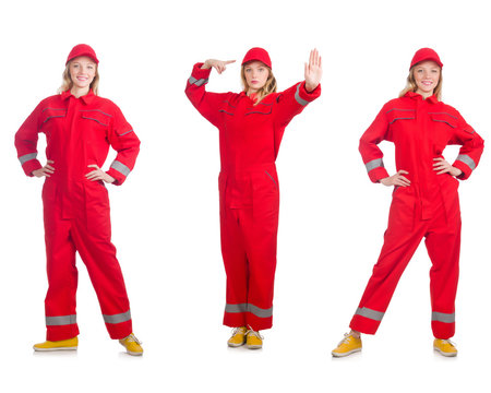Woman in red overalls isolated on white