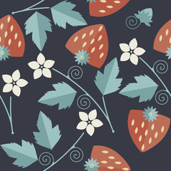Cute seamless pattern with red strawberries kernels, leaves, sta