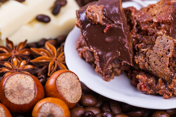 Still life with set of chocolate with coffee grains, closeup