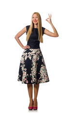 Woman in black floral dress isolated on white