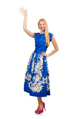 Fototapeta premium Woman in long blue folral dress isolated on white