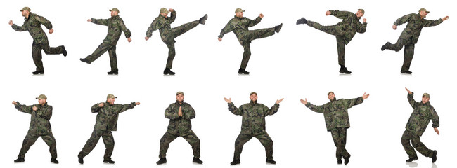 Young man in soldier uniform isolated on white