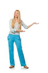 Young woman wearing blue training pants isolated on white