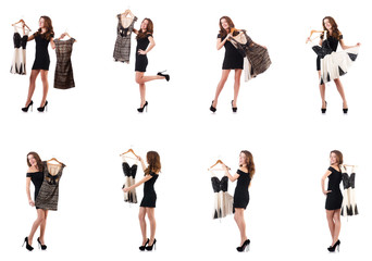 Fototapeta premium Young woman trying new clothing on white