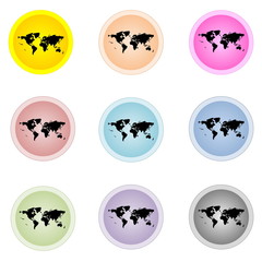 Set of colorful buttons with worldmap