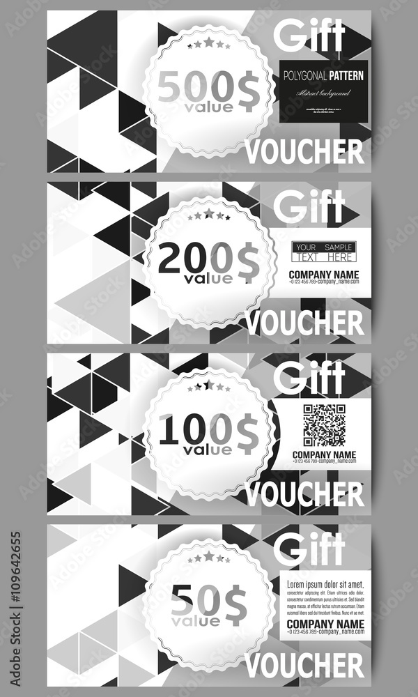 Poster set of modern gift voucher templates. triangular vector pattern. abstract black triangles on white b
