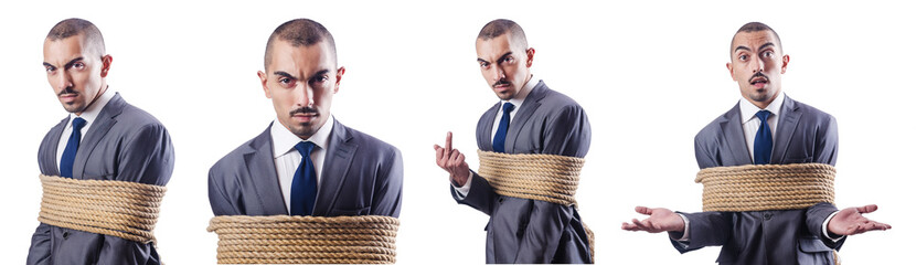 Man tied up isolated on white