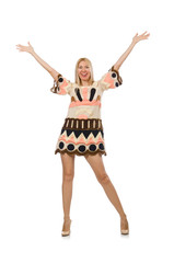 Blond hair model wearing designer clothes isolated on white