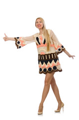 Blond hair model wearing designer clothes isolated on white