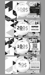 Set of modern gift voucher templates. Triangular vector pattern. Abstract black triangles on white background