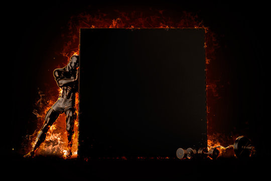 Muscular bodybuilder with blank board. Fire explode concept. 3d