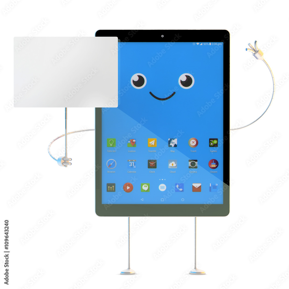 Wall mural tablet character with blank board. isolated. 3d illustration wit