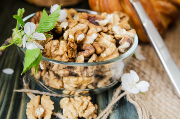 peeled walnuts in a glass bowl