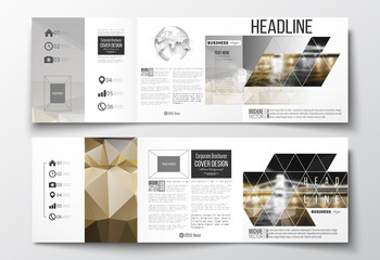 Vector set of tri-fold brochures, square design templates. Colorful polygonal background, blurred image, night city landscape, modern stylish triangular vector texture.