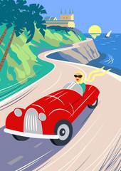 Summer road to the sea. The lake shore, the mountains. Holiday on the French Riviera, Liguria. Poster in the Art Deco  - 109645230