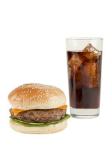hamburger with glass of soda